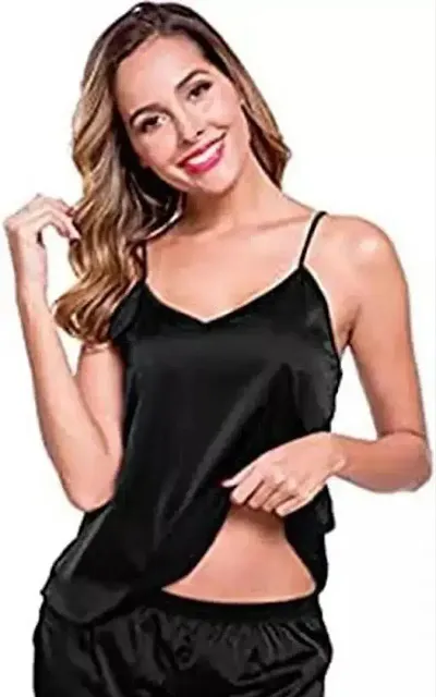 Soft Smooth Satin Solid Nightwear Night Suit/Night Shirt Sleeveless Top Shorts Set for Women