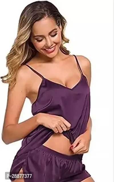 Soft  Smooth Satin Solid Nightwear Night Suit/Night Shirt Sleeveless Top  Shorts Set for Women-thumb0