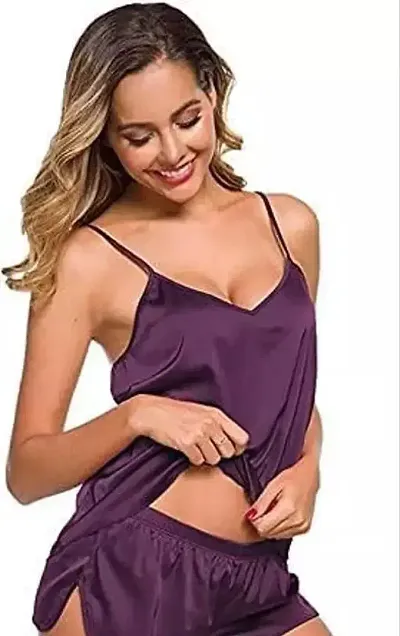 Modon Satin Nighty Set for Women's and Girls (Free Size, Maroon_04)