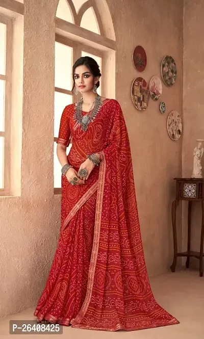 Beautiful Red Chiffon Saree with Blouse piece Free Size For Women