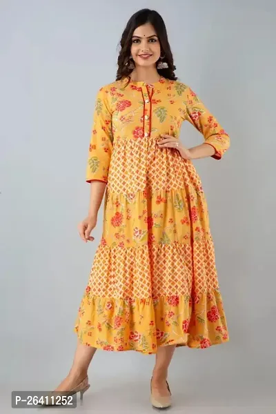 Beautiful Anarkali Yellow Printed Rayon Kurta For Women