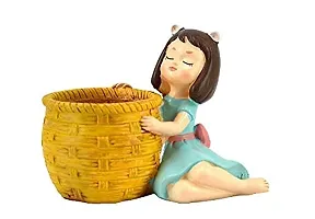 Cute Thinking Dreaming Girl with Basket Showpiece, Office , Home , Car and Desk Decor , Antique Touch , For Birthday , Wedding and Valentine Gift, Yellow-thumb2