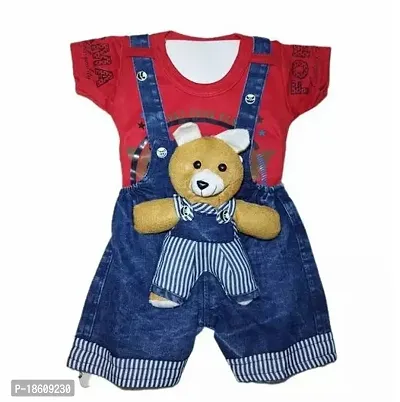 Stylish Cotton Red Printed Dungaree Set For Boys