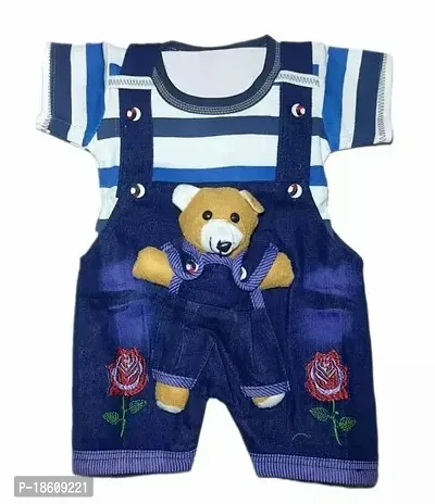 Stylish Cotton Blend Blue Printed Dungaree Set For Boys