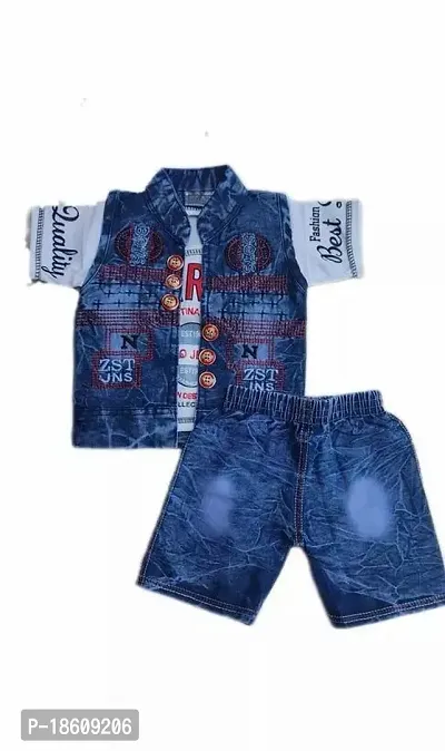 Stylish Denim Blue Printed Top With Shorts For Boys