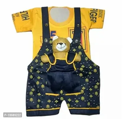Stylish Cotton Blend Yellow Printed Dungaree Set For Boys