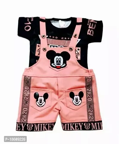 Stylish Cotton Blend Pink Printed Dungaree Set For Boys
