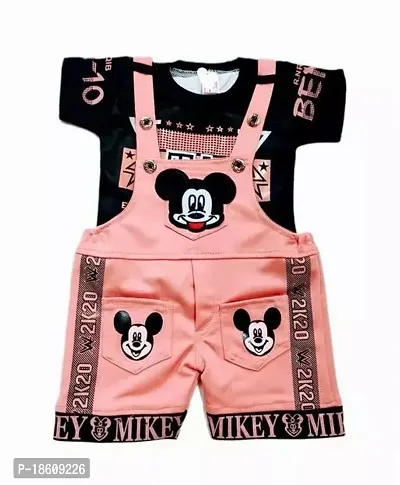 Stylish Cotton Blend Pink Printed Dungaree Set For Boys-thumb0