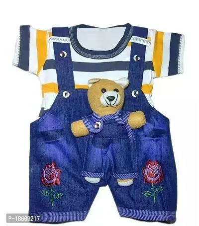 Stylish Cotton Blend Blue Printed Dungaree Set For Boys