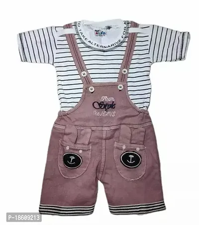 Stylish Cotton Brown Striped Dungaree Set For Boys-thumb0