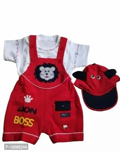 Stylish Cotton Blend Red Printed Dungaree Set For Boys
