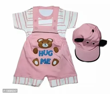 Stylish Cotton Blend Pink Printed Dungaree Set For Boys