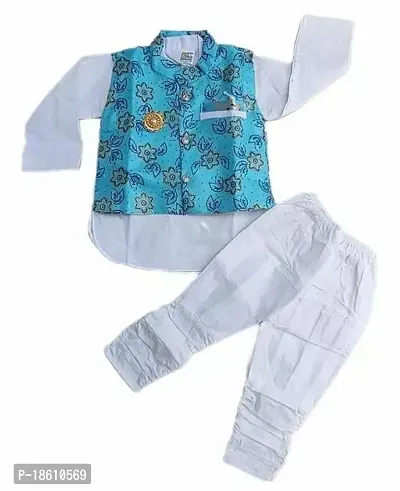 Stylish Cotton Sea Green Printed Kurta With Pajama Set For Boys