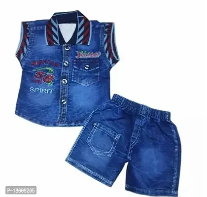 Stylish Denim Blue Solid Top With Shorts For Boys-thumb0