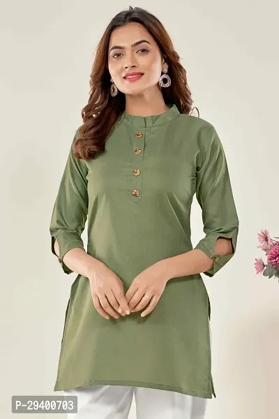 Stylish Green Cotton Self Design Short Kurta For Women