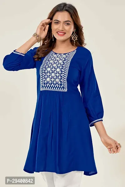 Stylish Blue Viscose Rayon Embroidered Short Kurta For Women-thumb0