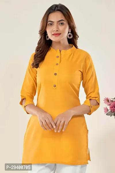Stylish Yellow Cotton Self Design Short Kurta For Women