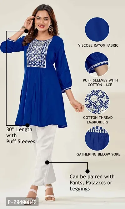 Stylish Blue Viscose Rayon Embroidered Short Kurta For Women-thumb4