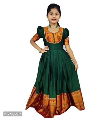 Alluring Green Silk Woven Design Ethnic Gowns For Girls