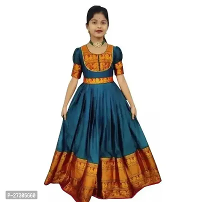 Alluring Blue Silk Woven Design Ethnic Gowns For Girls