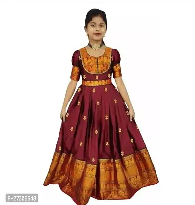 Alluring Maroon Silk Woven Design Ethnic Gowns For Girls