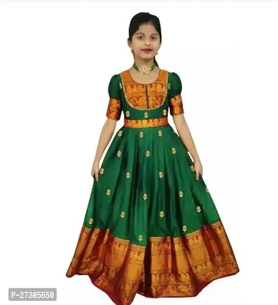 Alluring Green Silk Woven Design Ethnic Gowns For Girls