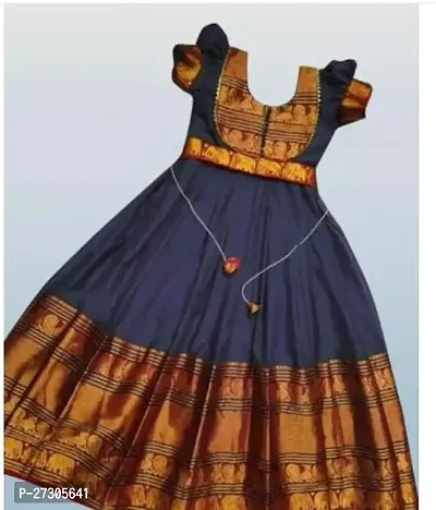 Alluring Navy Blue Silk Woven Design Ethnic Gowns For Girls