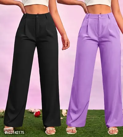 Women Regular Fit Black, Lavender Cotton Blend Trousers