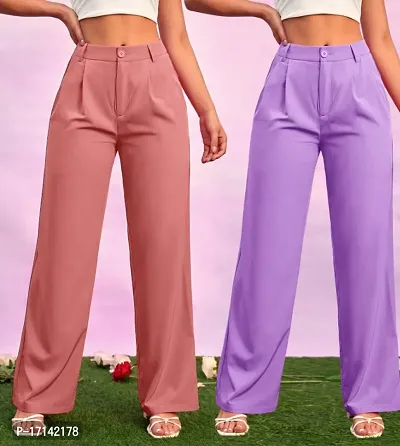 Women Regular Fit Peach, Lavender Cotton Blend Trousers-thumb0