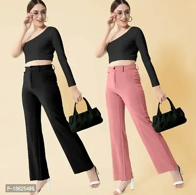 Women Regular Fit Black, Peach Cotton Blend Trousers