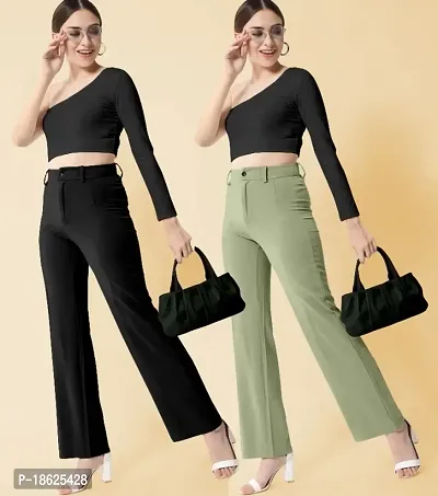 Women Regular Fit Black, Pista Cotton Blend Trousers, Pack of 2