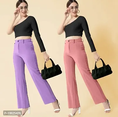 Women Regular Fit Lavender, Peach Cotton Blend Trousers, Pack of 2