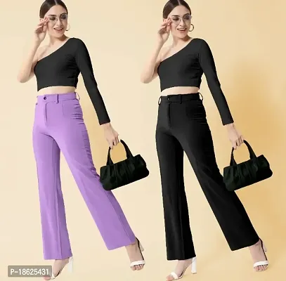 Women Regular Fit Black, Lavender Cotton Blend Trousers, Pack of 2