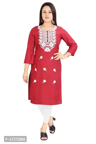 Elegant Red Embroidered Rayon Kurta For Women