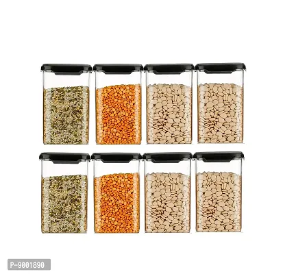 VR 1100 ML Easy Flow Cereal Dispenser Storage Jar, Idle for Kitchen- Storage Box Lid Food Rice Pasta Pulses Container, Square Containers for Kitchen ( Black, 1100 ML , Pack of 8)-thumb0