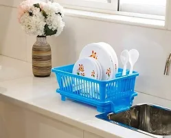 VR  3 in 1 Durable Sink Plastic Dish Rack Utensil Drainer Drying Basket for Kitchen with draining Tray After wash Tool Cutlery Fork Organizer (blue Color)-thumb1