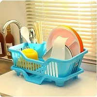 VR  3 in 1 Durable Sink Plastic Dish Rack Utensil Drainer Drying Basket for Kitchen with draining Tray After wash Tool Cutlery Fork Organizer (blue Color)-thumb3