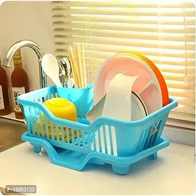 VR  3 in 1 Durable Sink Plastic Dish Rack Utensil Drainer Drying Basket for Kitchen with draining Tray After wash Tool Cutlery Fork Organizer (blue Color)-thumb4