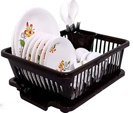 Limbakshit - Plastic Unbreakable 3 in 1 Sink Dish Rack Drainer with Tray for Kitchen (Brown)