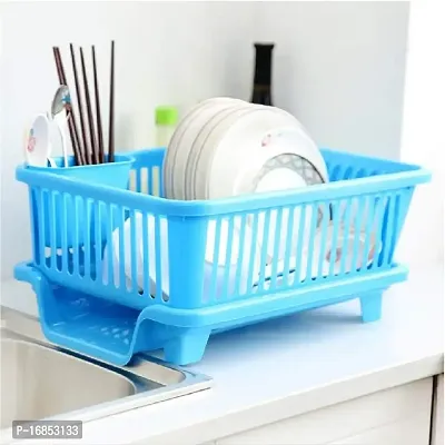 VR  3 in 1 Durable Sink Plastic Dish Rack Utensil Drainer Drying Basket for Kitchen with draining Tray After wash Tool Cutlery Fork Organizer (blue Color)-thumb0