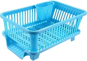 VR  3 in 1 Durable Sink Plastic Dish Rack Utensil Drainer Drying Basket for Kitchen with draining Tray After wash Tool Cutlery Fork Organizer (blue Color)-thumb2