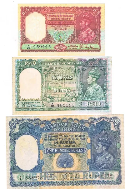 Combo Of 3 Burma British India King George VI 5 Rupees , 10 Rupees   100 rupees Fancy  note only for collection