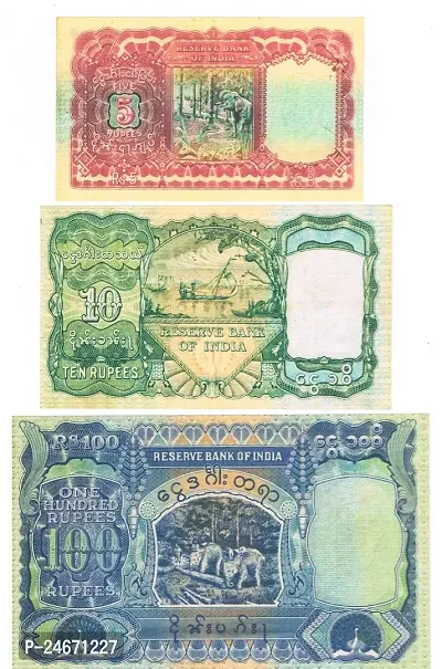 Combo Of 3 Burma British India King George VI 5 Rupees , 10 Rupees   100 rupees Fancy  note only for collection-thumb2