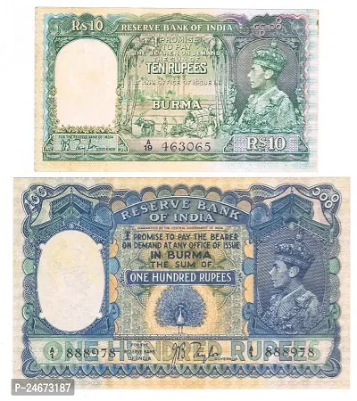 Combo Of 2 Burma British India King George VI  10 Rupees   100 rupees Fancy  note only for collection-thumb0
