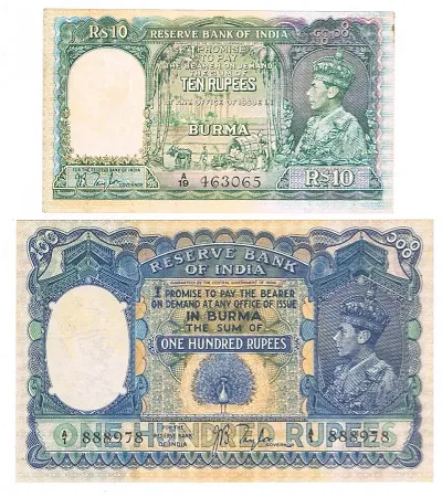 Combo Of 2 Burma British India King George VI  10 Rupees   100 rupees Fancy  note only for collection