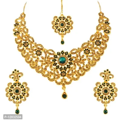 R A ENTERPRISES Gold Plated Green Lct Stone Studded Choker Necklace Set For Women