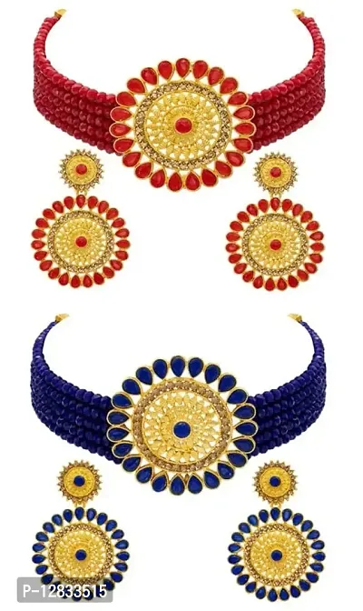 R A ENTERPRISES Incredible Red and Blue Gold Plated Choker Necklace Set for Women (Pack of 2)