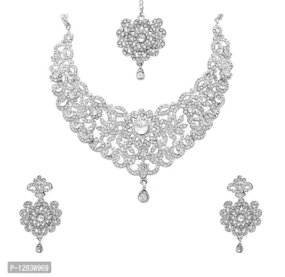 R A ENTERPRISES Silver Plated Austrian Diamond Stylish Choker Necklace Jewellery Set For Women-thumb0