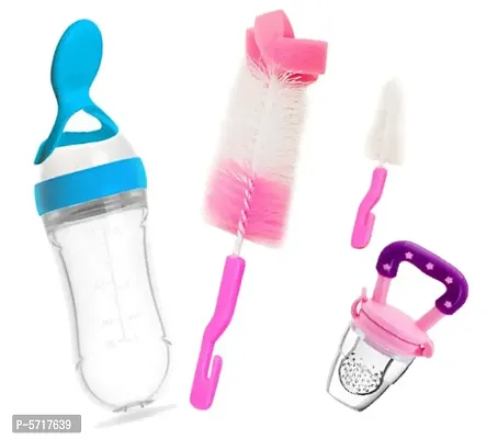 Baby Safe Silicone Squeeze Fresh Food Feeder Bottle with Food Dispensing Spoon,Infant Food Nibbler Teething Toy Feeding Pacifier and Grip Bottle and Nipple Cleaning Brush