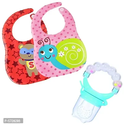 EVA Waterproof Baby Bibs Pack Of 2 And Silicone Food Nibbler for Fruit with Rattle Handle